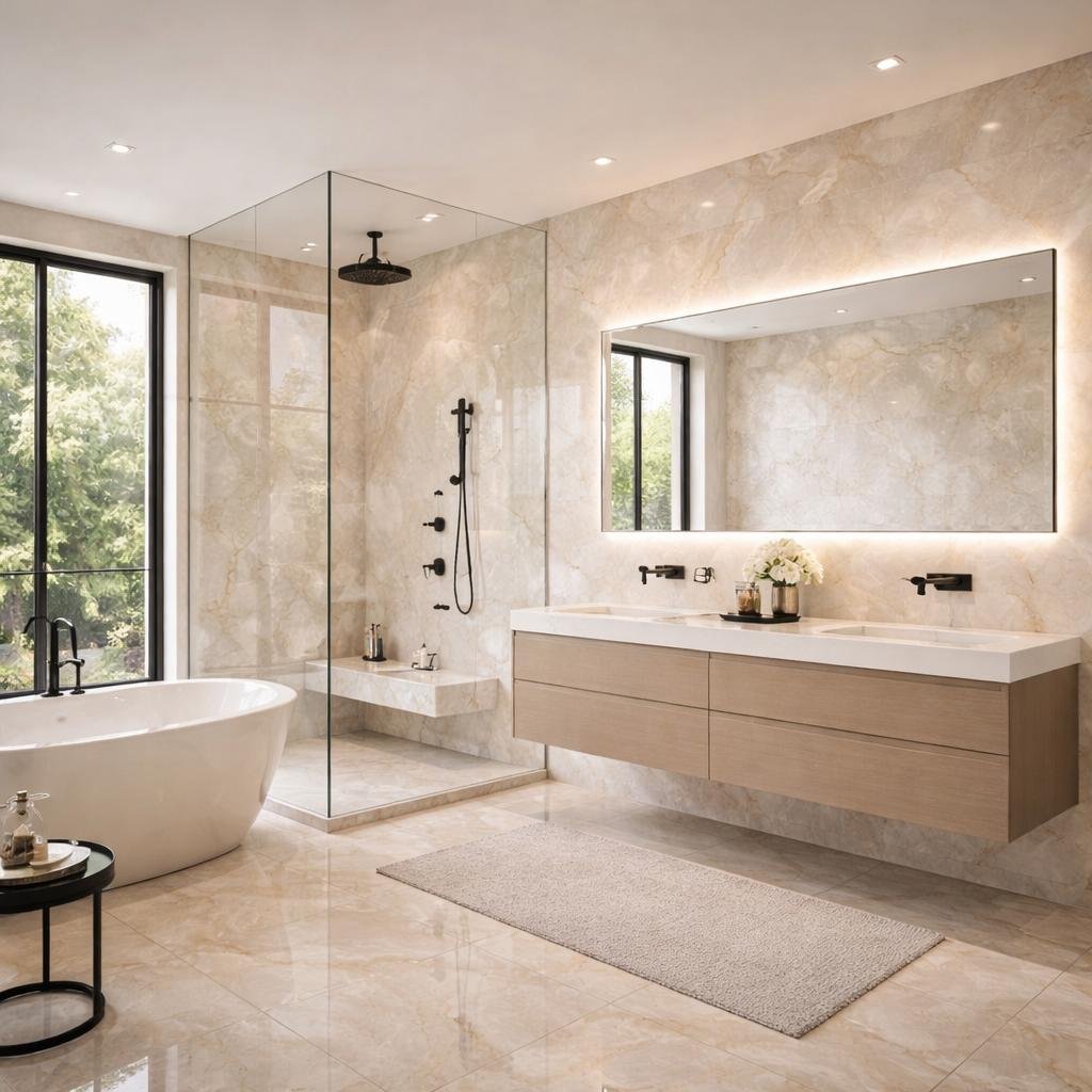 Finished bathroom with stone-look tiling, freestanding bath and timber vanity